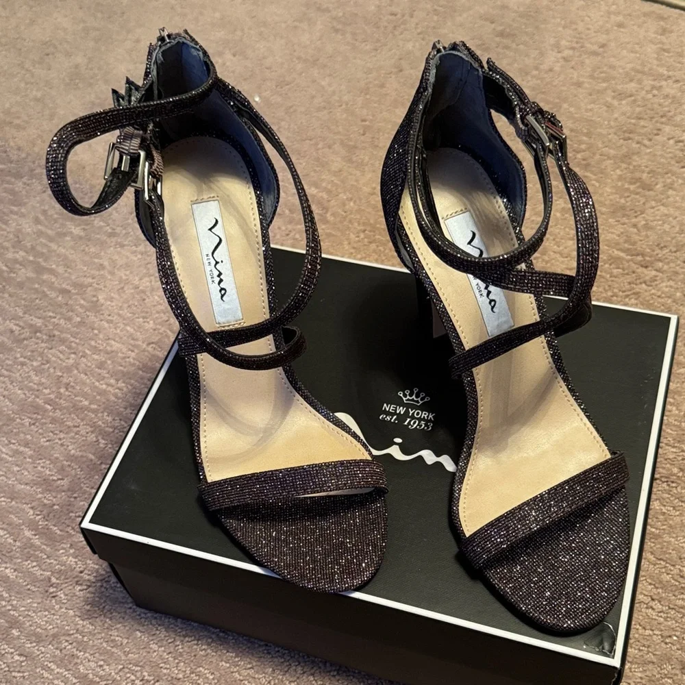 Nina Women's Glittery Black Strappy Heels - Picture 1 of 4